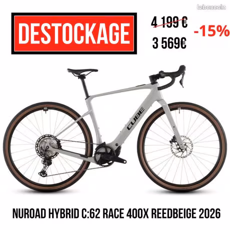 Gravel Electrique CUBE NUROAD HYBRID C:62 Race 400X reedbeige´n´black 2026
